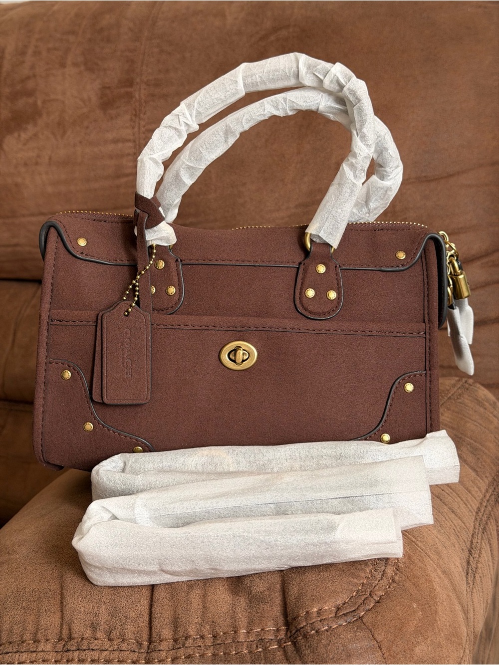 Coach Brown mini suede Satchel with Gold-Tone Hardware